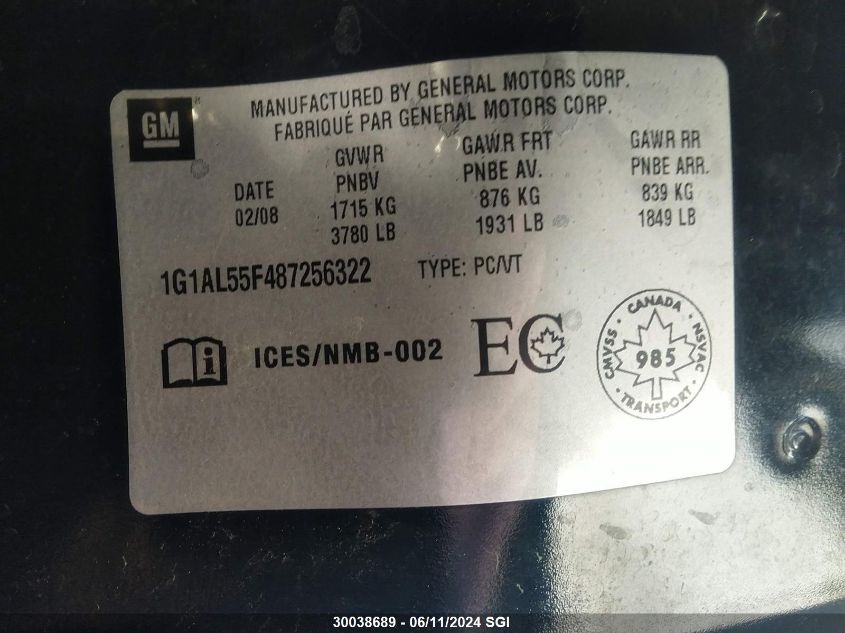 2008 Chevrolet Cobalt Lt VIN: 1G1AL55F487256322 Lot: 30038689