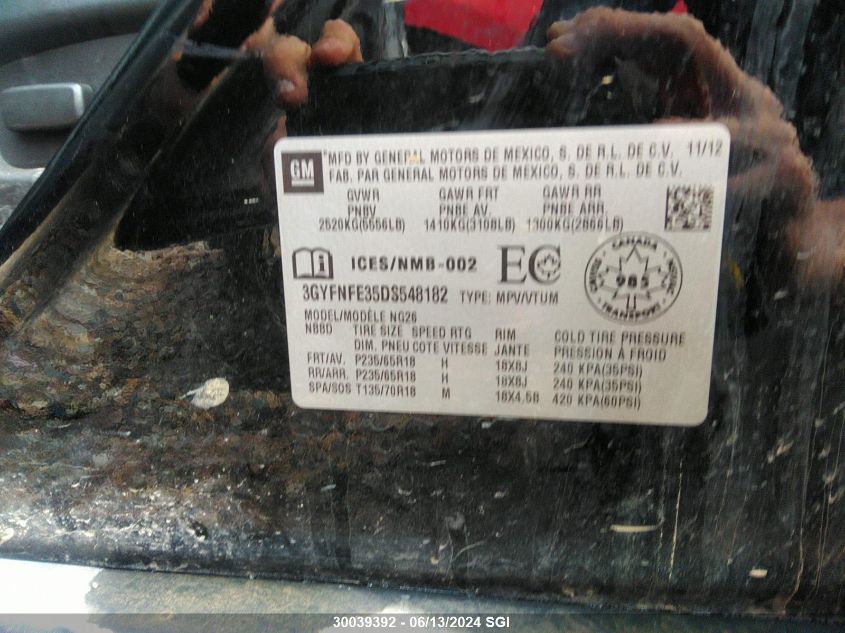 2013 Cadillac Srx VIN: 3GYFNFE35DS548182 Lot: 30039392