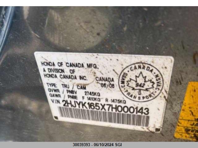 2007 Honda Ridgeline Rtl VIN: 2HJYK165X7H000143 Lot: 30039393