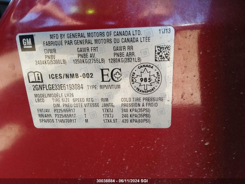 2014 Chevrolet Equinox Lt VIN: 2GNFLGE33E6193084 Lot: 30038884