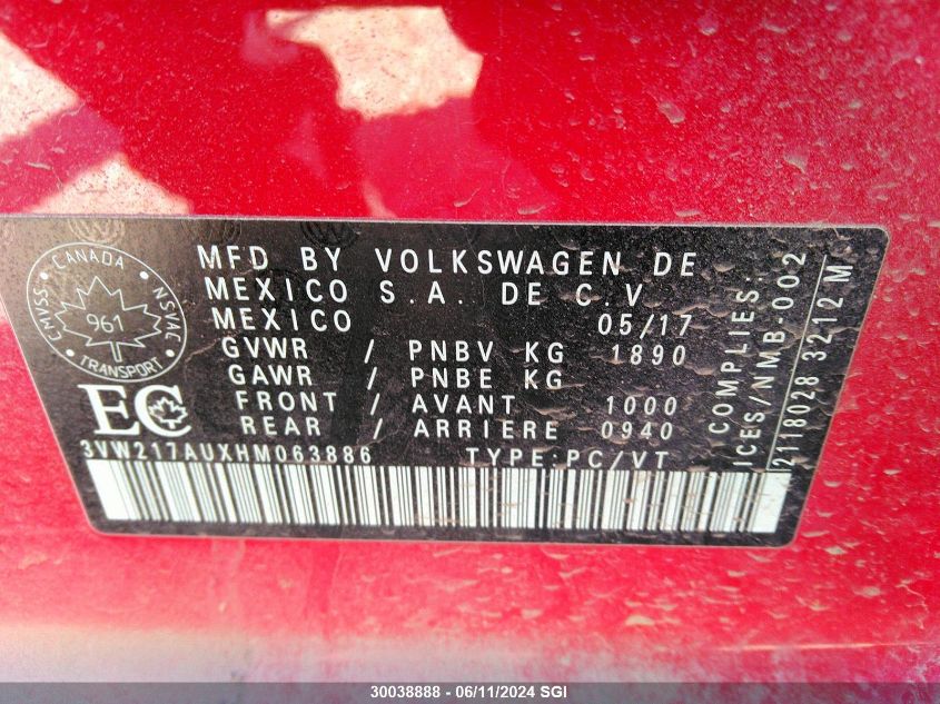 2017 Volkswagen Golf S/Wolfsburg/Se/Sel VIN: 3VW217AUXHM063886 Lot: 30038888