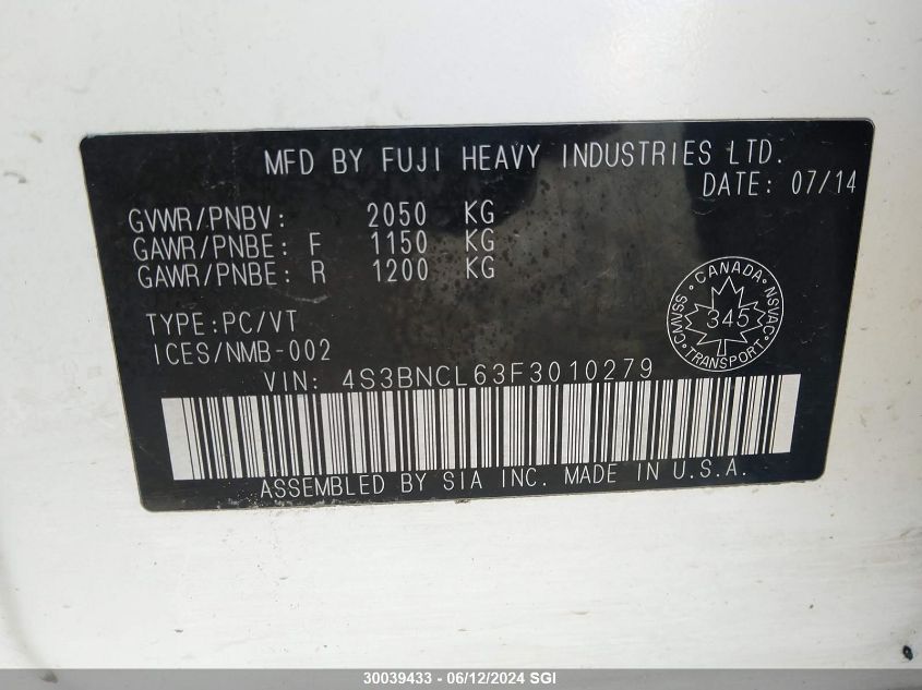 2015 Subaru Legacy 2.5I Limited VIN: 4S3BNCL63F3010279 Lot: 30039433