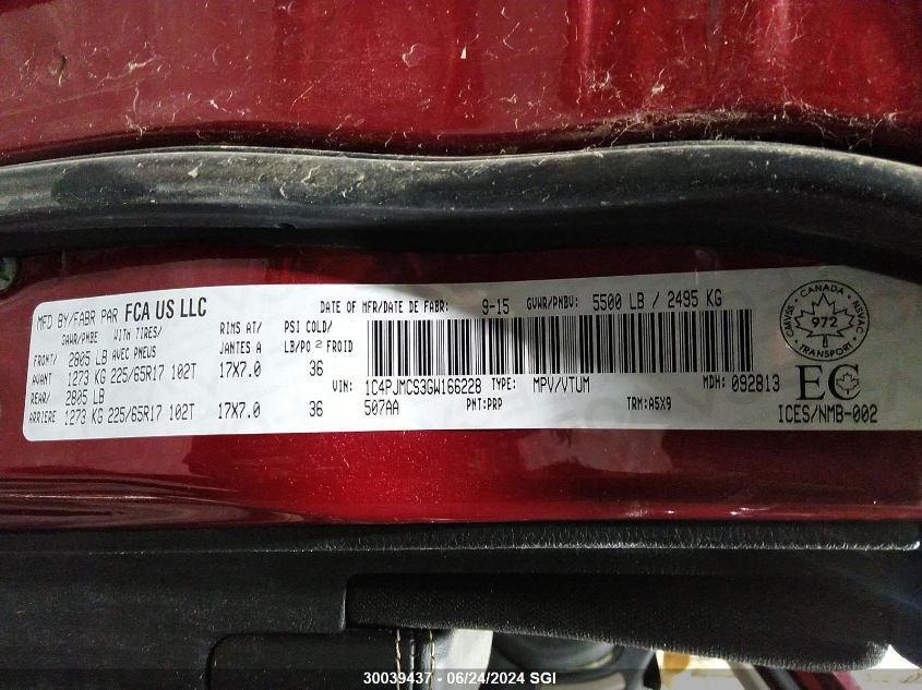 2016 Jeep Cherokee Latitude VIN: 1C4PJMCS3GW166228 Lot: 30039437