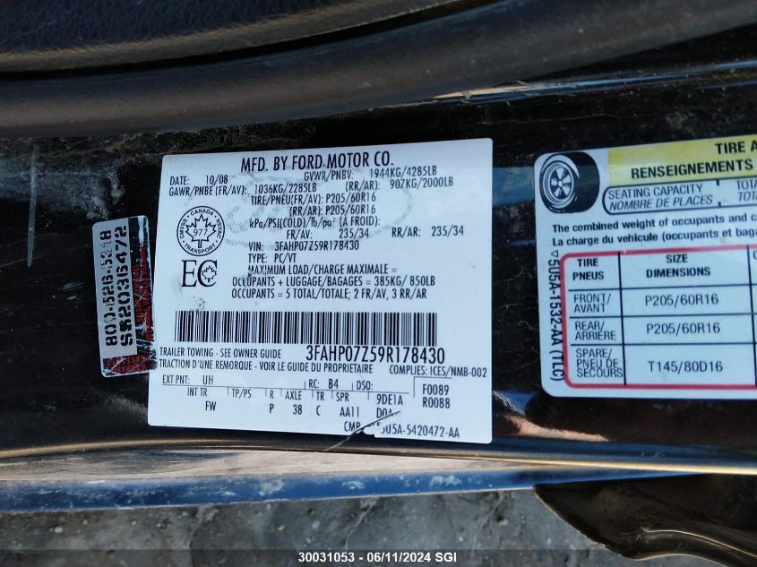 2009 Ford Fusion Se VIN: 3FAHP07Z59R178430 Lot: 30031053