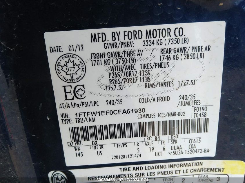 2012 Ford F150 Supercrew VIN: 1FTFW1EF0CFA61930 Lot: 30039455