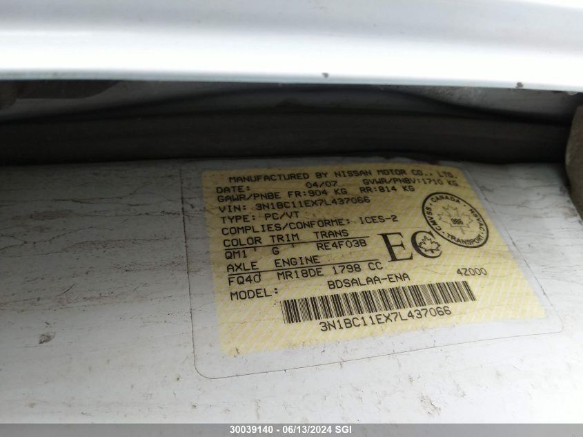 2007 Nissan Versa S/Sl VIN: 3N1BC11EX7L437066 Lot: 30039140