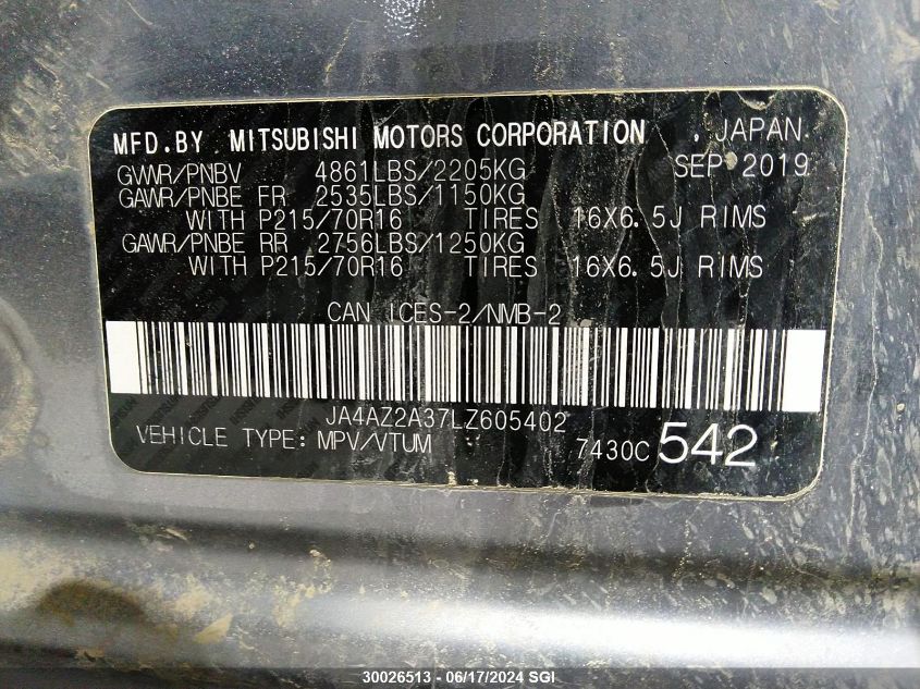 2020 Mitsubishi Outlander Es VIN: JA4AZ2A37LZ605402 Lot: 30026513