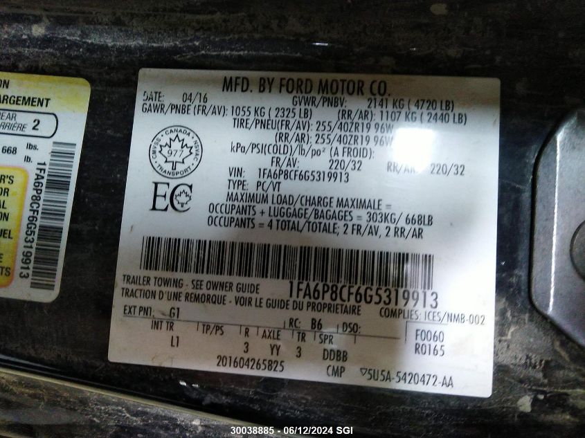 2016 Ford Mustang Gt VIN: 1FA6P8CF6G5319913 Lot: 30038885