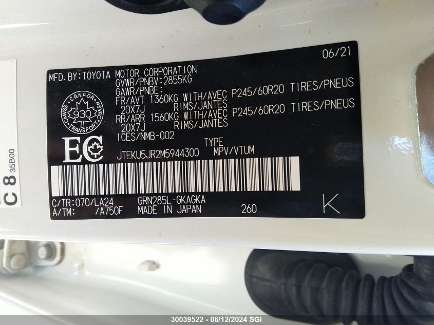 2021 Toyota 4Runner Trail/Sr5/Sr5 Premium/Lim VIN: JTEKU5JR2M5944300 Lot: 30039522