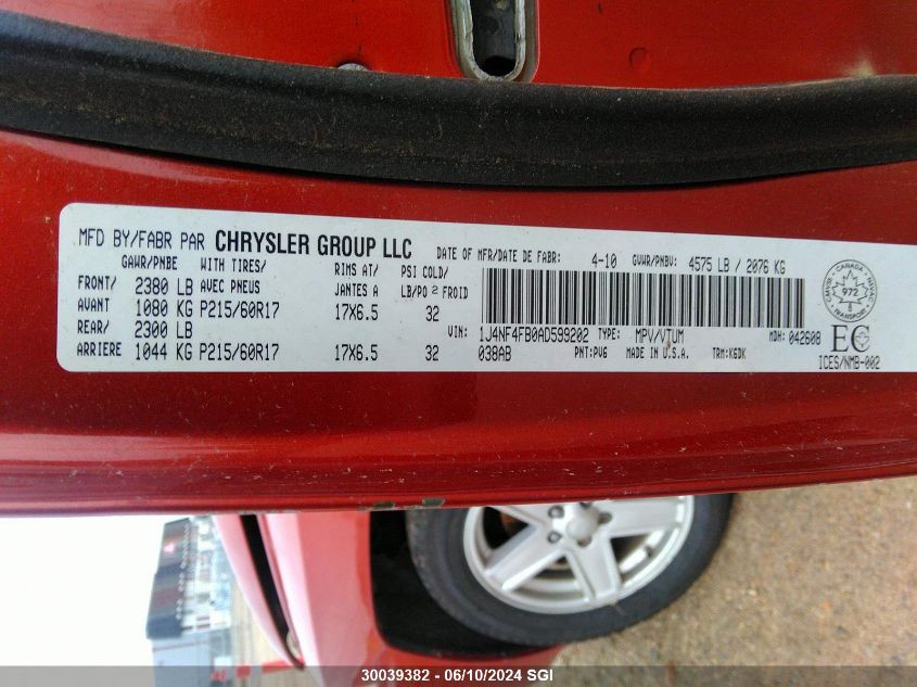 2010 Jeep Compass Sport VIN: 1J4NF4FB0AD599202 Lot: 30039382