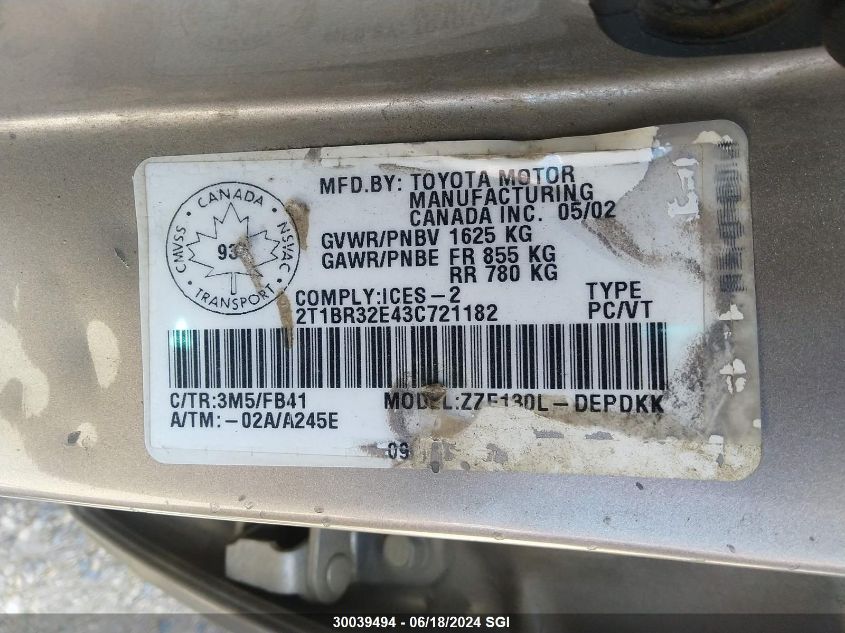 2003 Toyota Corolla Ce/Le/S VIN: 2T1BR32E43C721182 Lot: 30039494