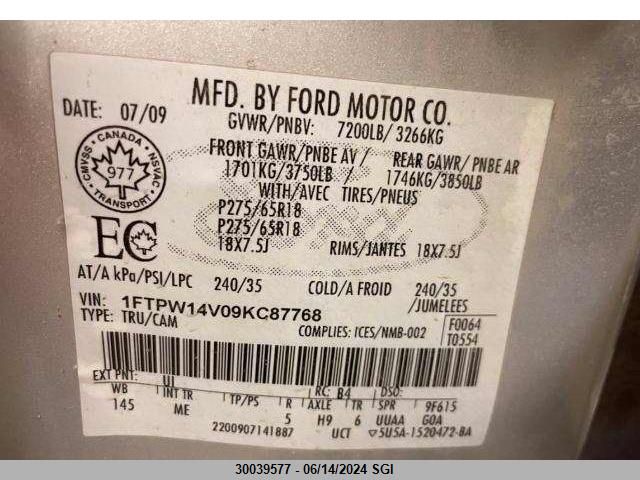 2009 Ford F150 Supercrew VIN: 1FTPW14V09KC87768 Lot: 30039577