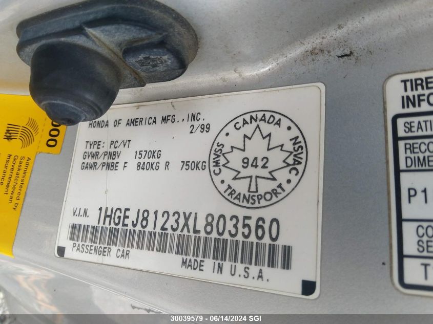 1999 Honda Civic Si VIN: 1HGEJ8123XL803560 Lot: 30039579