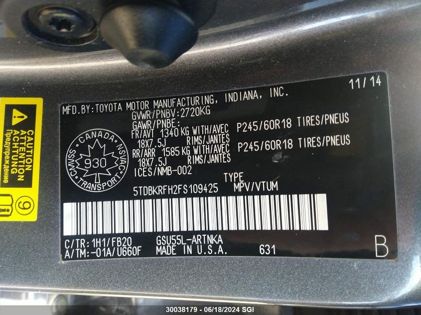 2015 Toyota Highlander Le/Le Plus VIN: 5TDBKRFH2FS109425 Lot: 30038179