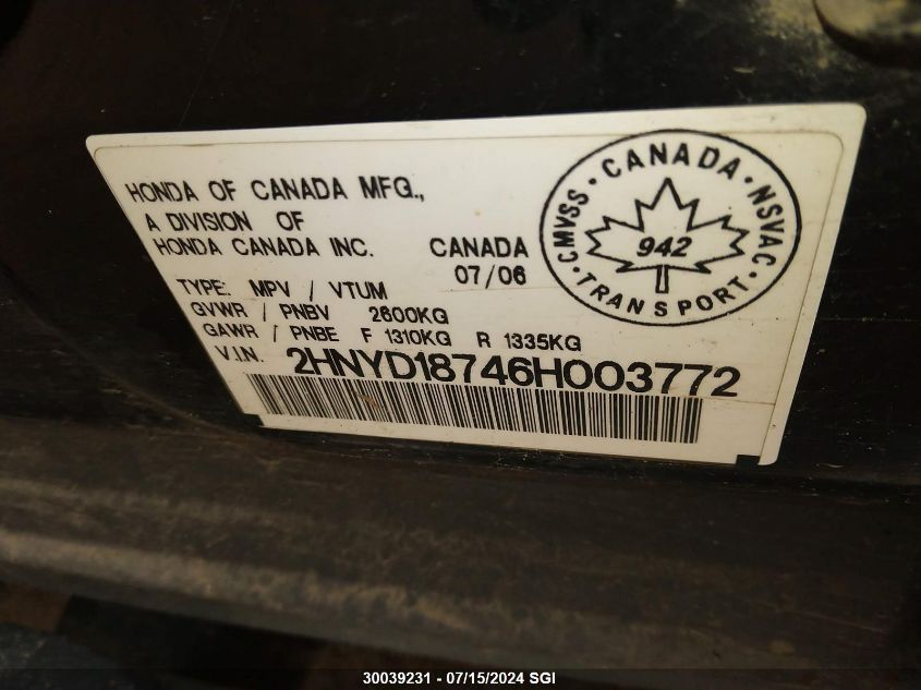 2006 Acura Mdx Touring VIN: 2HNYD18746H003772 Lot: 30039231