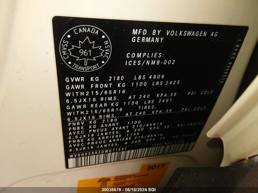 2013 Volkswagen Tiguan S/Se/Sel VIN: WVGHV3AX2DW611597 Lot: 30038679