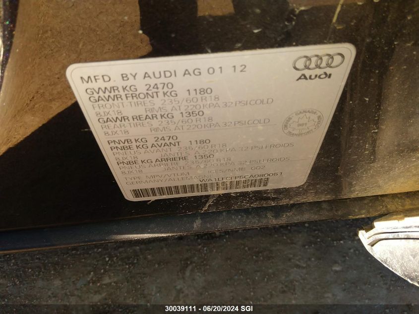 2012 Audi Q5 Premium Plus VIN: WA1LFCFP5CA080051 Lot: 30039111