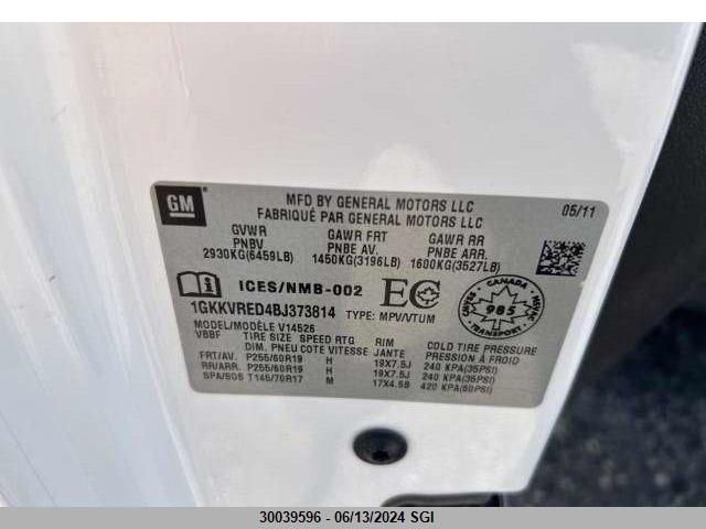 2011 GMC Acadia Slt-1 VIN: 1GKKVRED4BJ373814 Lot: 30039596