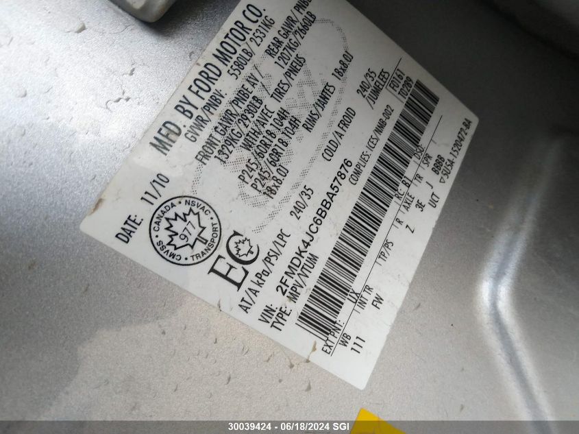 2011 Ford Edge Sel VIN: 2FMDK4JC6BBA57876 Lot: 30039424