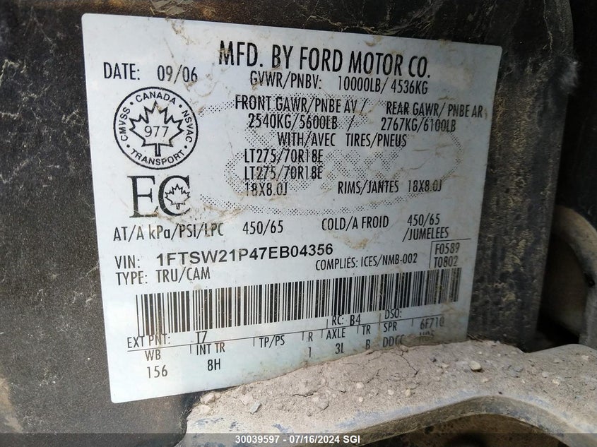 2007 Ford F250 Super Duty VIN: 1FTSW21P47EB04356 Lot: 30039597