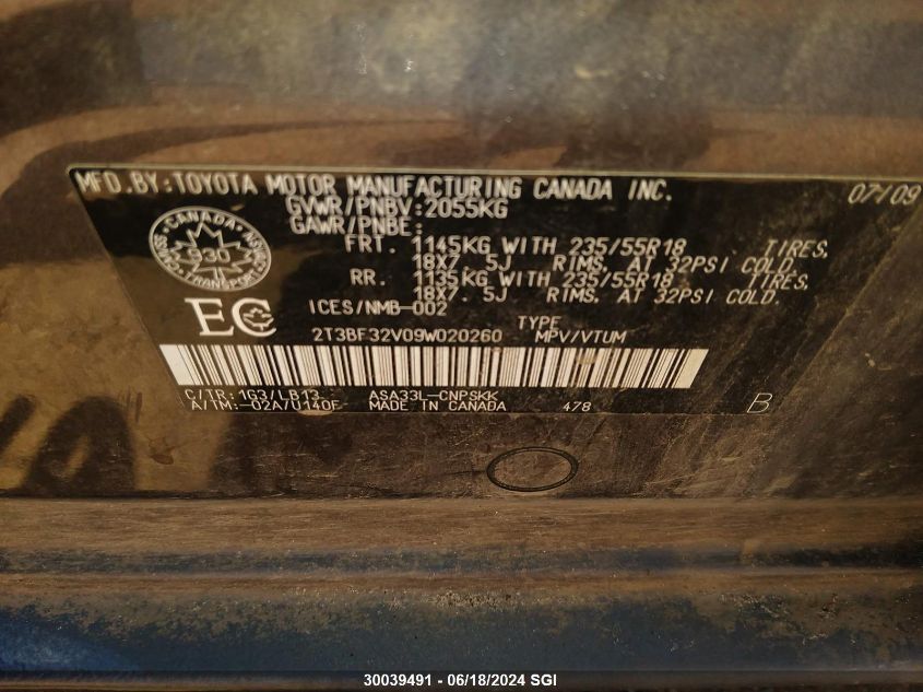 2009 Toyota Rav4 Sport VIN: 2T3BF32V09W020260 Lot: 30039491