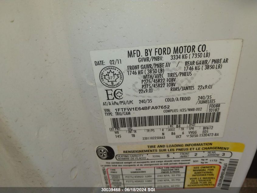 2011 Ford F150 Supercrew VIN: 1FTFW1E64BFA97652 Lot: 30039468