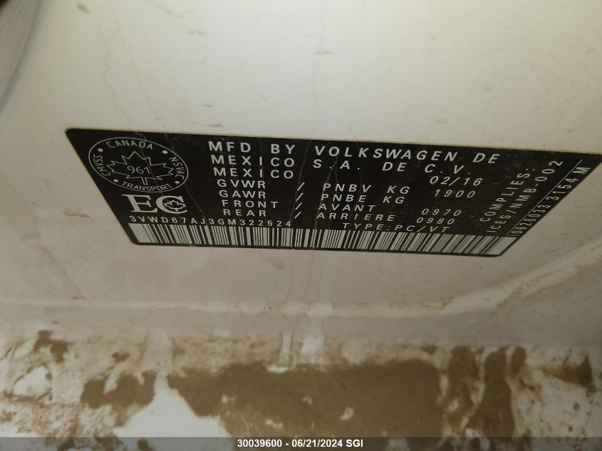 2016 Volkswagen Jetta Se VIN: 3VWD67AJ3GM322524 Lot: 30039600