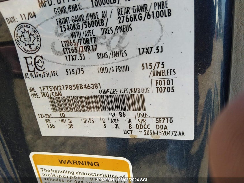 2005 Ford F250 Super Duty VIN: 1FTSW21P85EB46381 Lot: 30039601