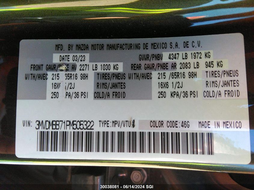 2023 Mazda Cx-30 Gx VIN: 3MVDMBB71PM505322 Lot: 30038081