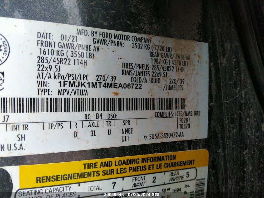 2021 Ford Expedition Max Platinum VIN: 1FMJK1MT4MEA06722 Lot: 30039646