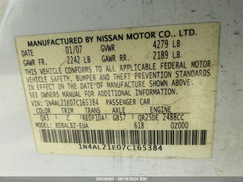 2007 Nissan Altima 2.5/2.5S VIN: 1N4AL21E07C165384 Lot: 30039565