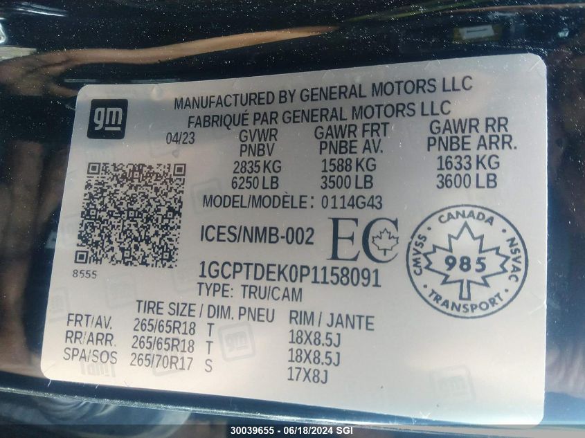 2023 Chevrolet Colorado Z71 VIN: 1GCPTDEK0P1158091 Lot: 30039655