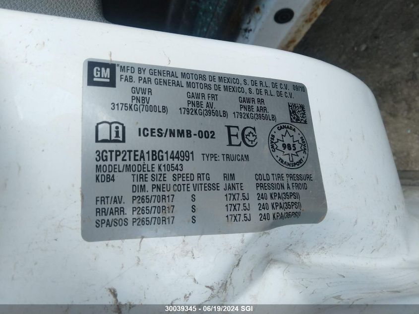 2011 GMC Sierra K1500 VIN: 3GTP2TEA1BG144991 Lot: 30039345
