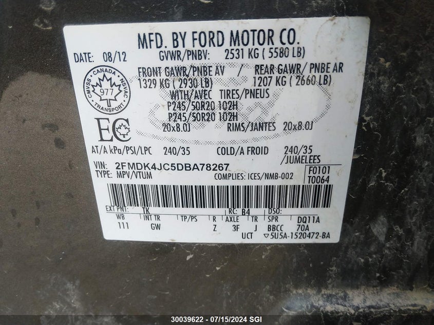 2013 Ford Edge Sel VIN: 2FMDK4JC5DBA78267 Lot: 30039622