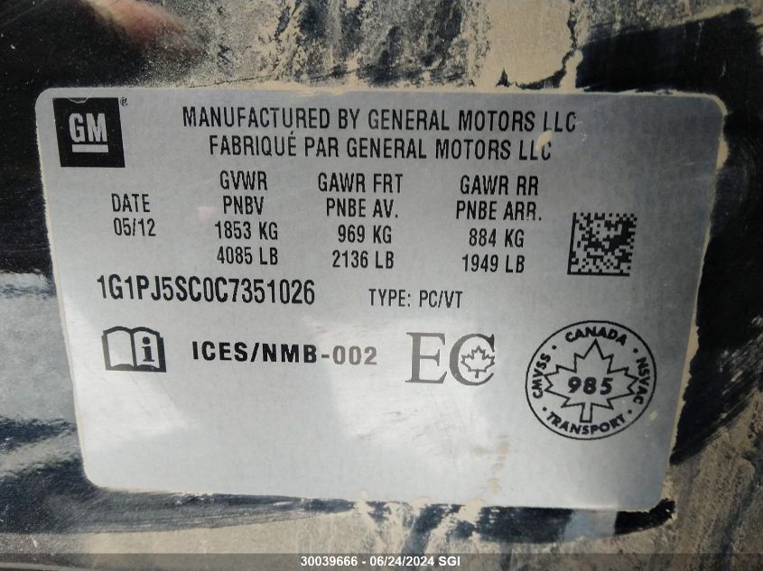 2012 Chevrolet Cruze Eco VIN: 1G1PJ5SC0C7351026 Lot: 30039666