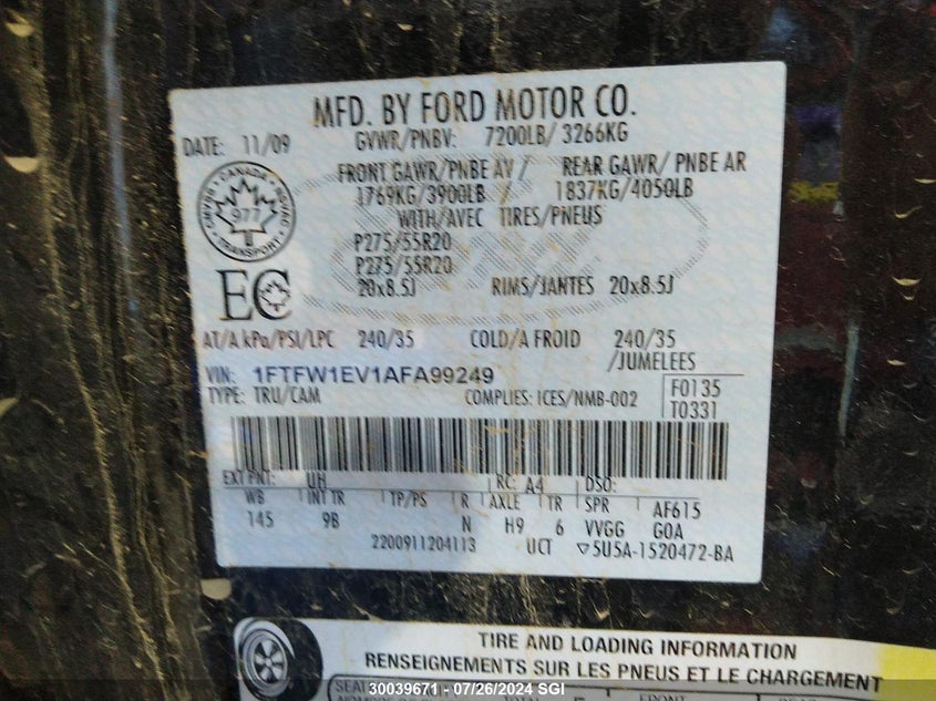 2010 Ford F150 Supercrew VIN: 1FTFW1EV1AFA99249 Lot: 30039671