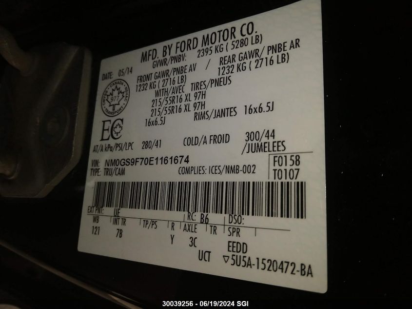 2014 Ford Transit Connect Xlt VIN: NM0GS9F70E1161674 Lot: 30039256