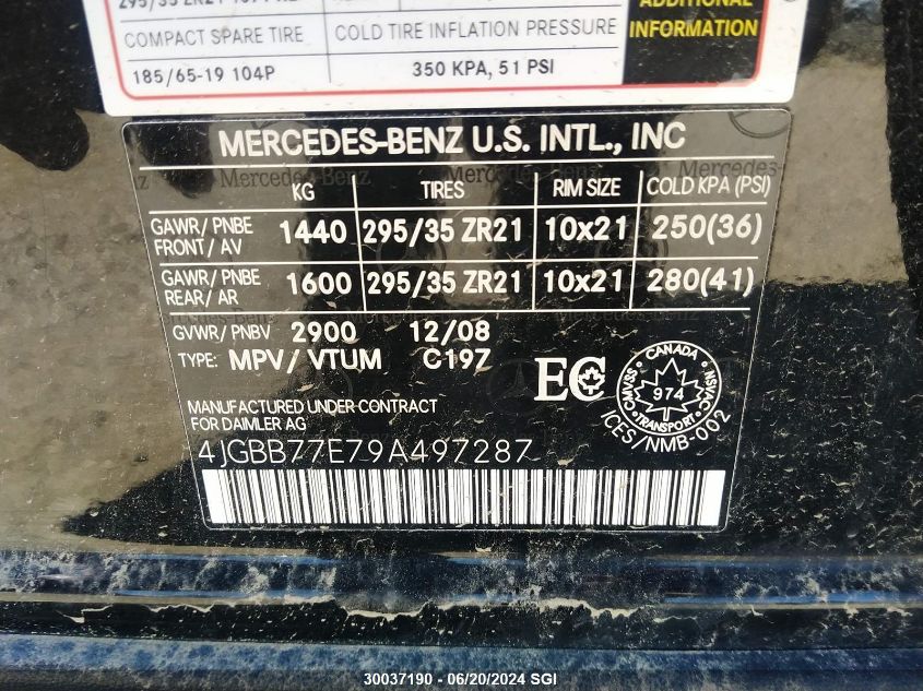 2009 Mercedes-Benz Ml 63 Amg VIN: 4JGBB77E79A497287 Lot: 30037190