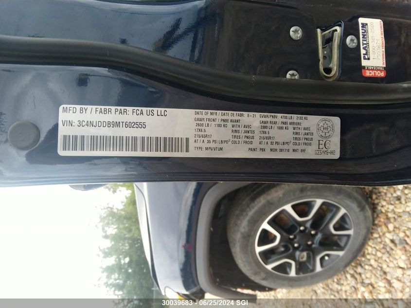 2021 Jeep Compass Trailhawk VIN: 3C4NJDDB9MT602555 Lot: 30039683