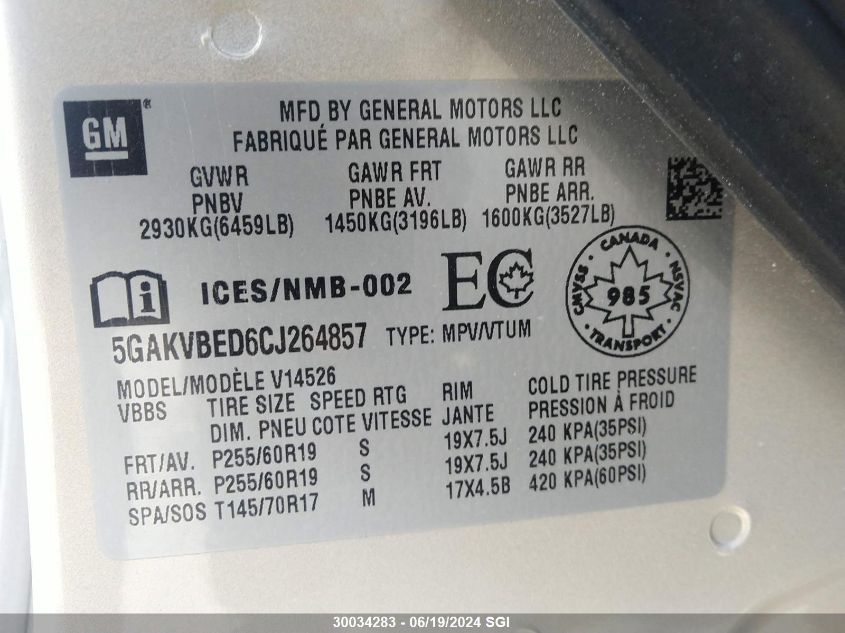 2012 Buick Enclave VIN: 5GAKVBED6CJ264857 Lot: 30034283