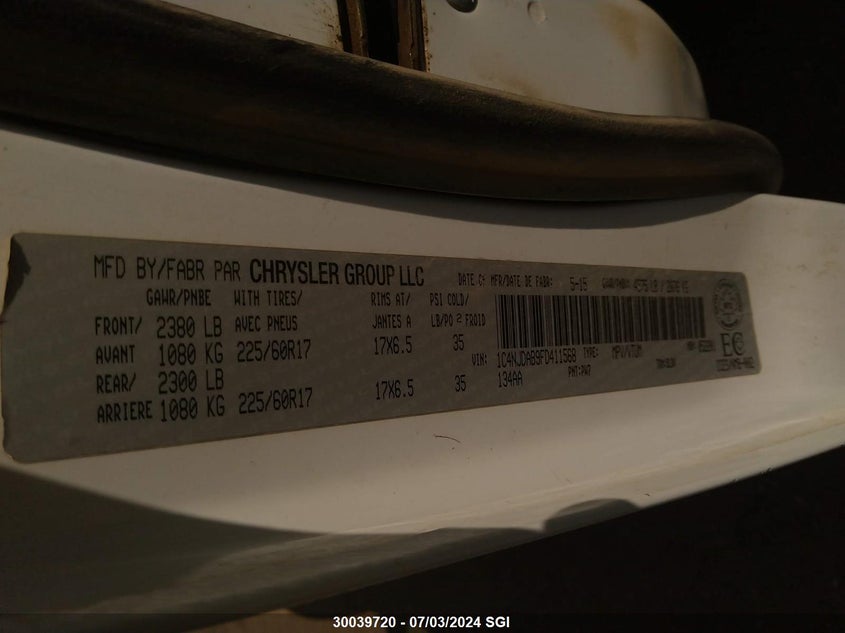 2015 Jeep Compass Sport VIN: 1C4NJDAB9FD411568 Lot: 30039720