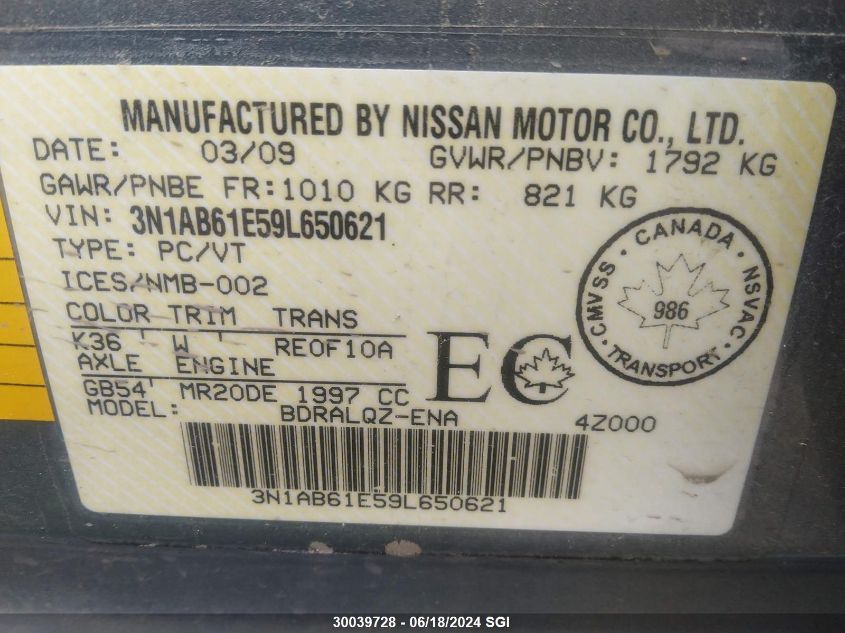 2009 Nissan Sentra 2.0/2.0S/2.0Sl VIN: 3N1AB61E59L650621 Lot: 30039728