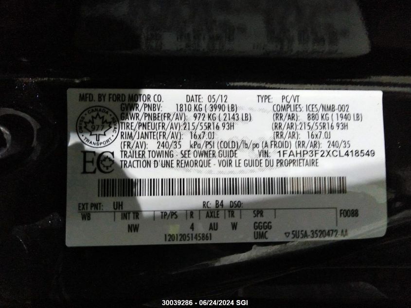 2012 Ford Focus Se VIN: 1FAHP3F2XCL418549 Lot: 30039286