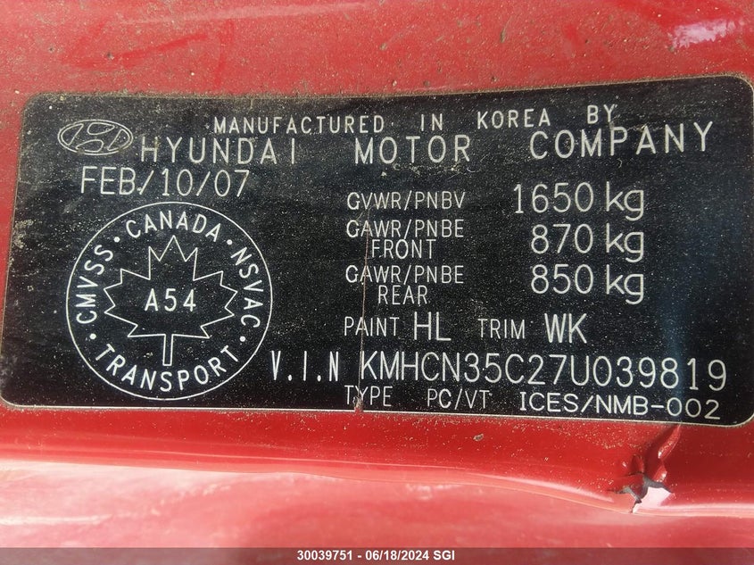 2007 Hyundai Accent Gs VIN: KMHCN35C27U039819 Lot: 30039751