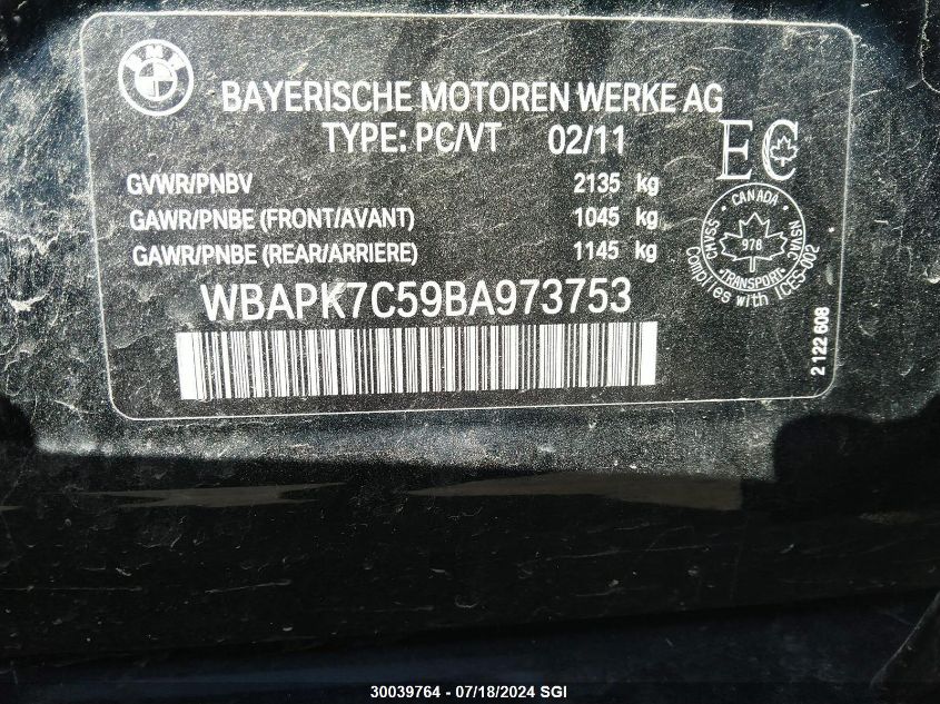 2011 BMW 328 Xi VIN: WBAPK7C59BA973753 Lot: 30039764