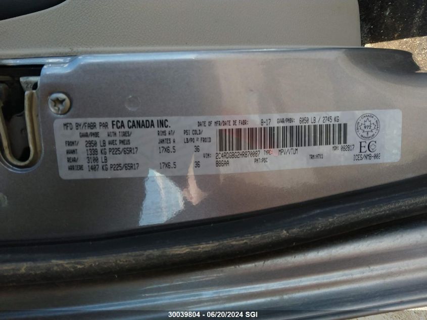 2017 Dodge Grand Caravan Se VIN: 2C4RDGBG2HR870087 Lot: 30039804