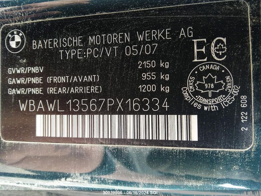 2007 BMW 328 I VIN: WBAWL13567PX16334 Lot: 30039806