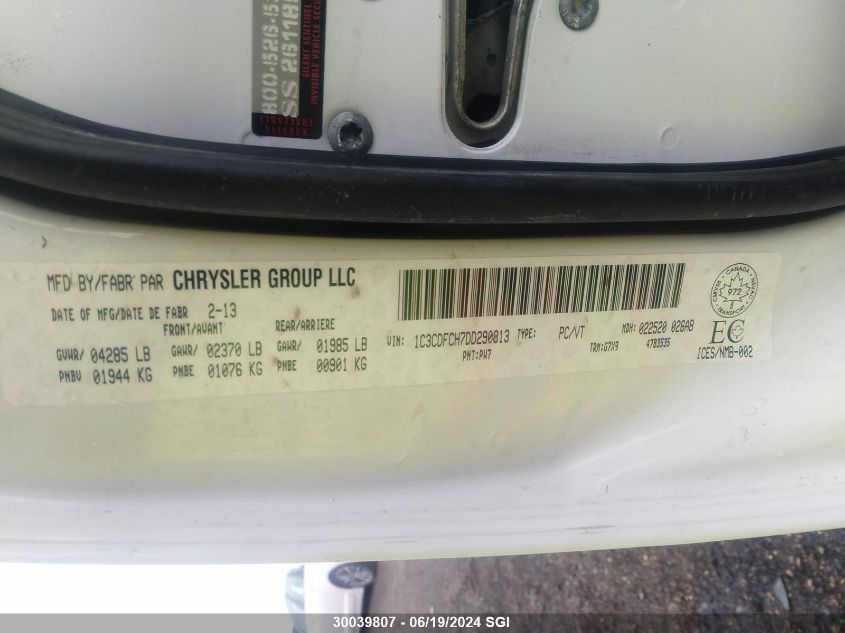 2013 Dodge Dart Limited/R/T VIN: 1C3CDFCH7DD290813 Lot: 30039807