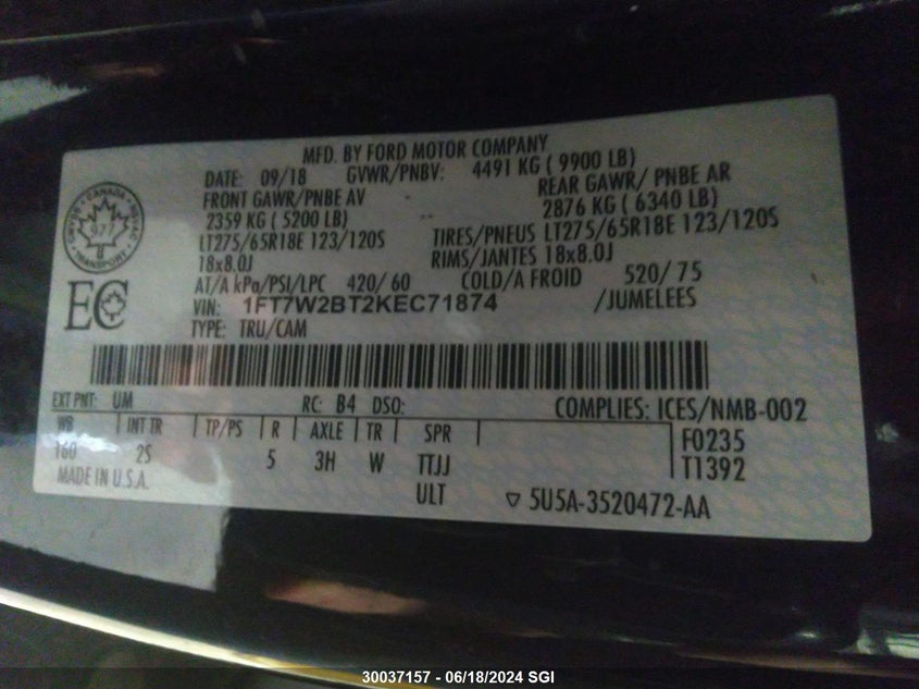 2019 Ford F250 Super Duty VIN: 1FT7W2BT2KEC71874 Lot: 30037157