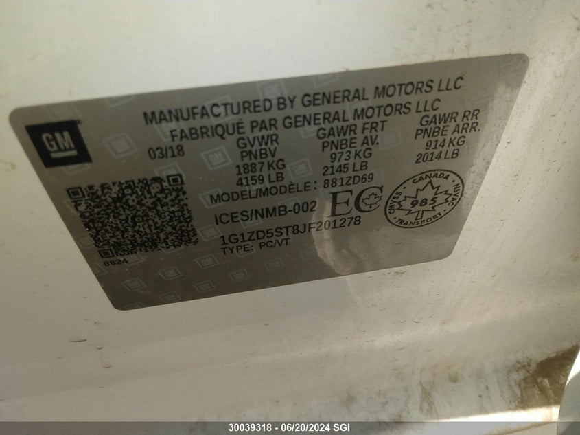 2018 Chevrolet Malibu Lt VIN: 1G1ZD5ST8JF201278 Lot: 30039318